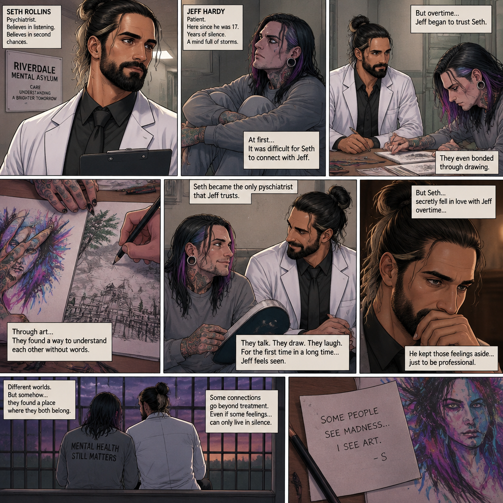 Seth Rollins is a psychiatrist working at a mental asylum. He was assigned to look after a patient who has been here since he was 17 years old,His name is Jeff Hardy. At first it was difficult for Seth to try to connect with Jeff,But Overtime Jeff began to trust Seth. They even bonded through drawing. Seth became the only psychiatrist that Jeff trusts. Seth even….secretly fell in love with Jeff overtime…But he kept those feelings aside just to be professional