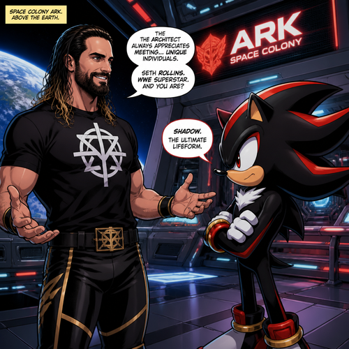 WWE superstar Seth Rollins and Shadow the hedgehog meeting each other in the space colony ark