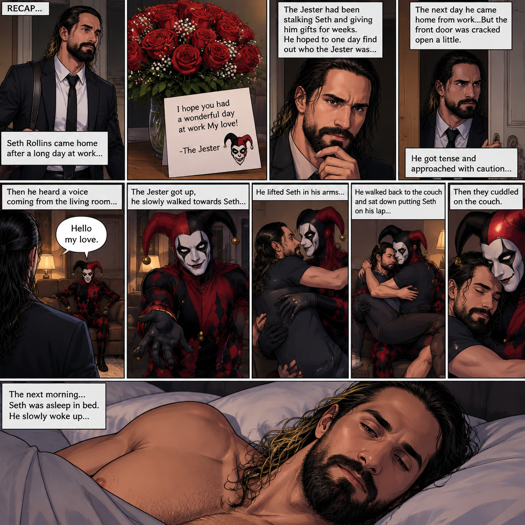 (Recap) Seth Rollins came home after a long day at work,a bouquet of roses were on the table,There’s a card that says “I hope you had a wonderful day at work My love! -The Jester”,The jester had been stalking Seth and giving him gifts for weeks,he hoped to one day find out who the Jester was,the next day he came home from work…But the front door was cracked open a little,he got tense and approached with caution,then he heard a voice coming from the living room “Hello my love”,The Jester was sitting on Seth’s couch,The Jester got up,he slowly walked towards Seth,He lifted Seth in his arms,He walked back to the couch and sat down putting Seth on his lap,Then they cuddled on the couch. (And now part 2). The next morning,Seth was asleep in bed. He slowly woke up