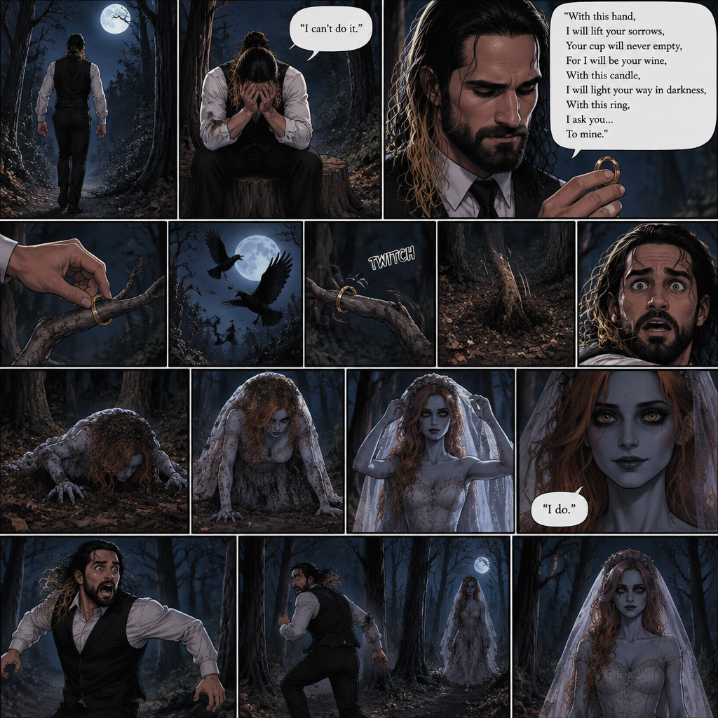 (Part 1 of the corpse bride,Seth x Becky style). Seth Rollins was walking in the woods alone at night after running away from a wedding rehearsal. After a while He sat at a tree stump,he puts his head in his hands. “I can’t do it” Seth said to himself. He took a deep breath. He began practicing his vows,”With this hand,I will lift your sorrows,Your cup will never empty,For I will be your wine,With this candle,I will light your way in darkness,With this ring,I ask you…To mine”. He puts the wedding ring on a tree branch that suspiciously looks like a ring finger. Then the crows flew by,Then….The branch the suspiciously looked like a hand…twitched. Then….The branch that suspiciously looks like a hand pulled itself underground. Seth got spoked when he saw that. Then…an undead woman in a wedding dress (Becky Lynch) crawled out from the ground. She stood up,Lifted her vail,Looked at Seth and said in a quiet voice “I do”. Seth got scared and ran further into the woods. The woman just slowly and calmly walked after him