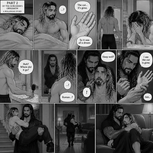 (Part 2 of the Sorcerer’s obsession,A Rolleigns story).Seth Rollins was asleep on his bed,then he woke up. He sat up confused. He looked at his hand…the cut was gone. “So it was all a dream” Seth said to himself. He got up and walked to the bathroom,then he splashed cold water on his face. He reached for his hairbrush….it wasn’t there. “Huh? Where did it go?” Seth asked himself. He looks at the mirror….and sees Roman Reigns (The sorcerer) Seth gasped. The sorcerer grabs Seth from behind. “Sleep well?” Asked the sorcerer. Seth was too stunned to speak. The sorcerer lifted Seth’s hand to have a look at it. “I see the cut is gone” Said the sorcerer. Seth’s heart was pounding. The sorcerer chuckled a little. He lifted Seth in his arms and walked downstairs to the living room. Then he sat down on the couch and put Seth on his lap. (End of part 2)