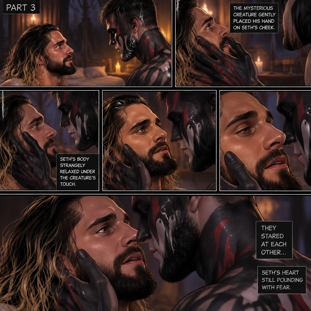 (Recap). Seth Rollins was taken from his tent by the mysterious creature (Finn Bálor) while he was asleep,The next morning,Seth’s group woke up and noticed Seth was gone and started looking for him,Meanwhile,Seth was asleep in some sort of bed,Then he woke up. He was confused,He was in some sort of bedroom,He got up and slowly walked towards the door,Before he touched the door handle…the door opened…the mysterious creature was standing there,Seth’s eyes widened,He stumbled backwards in fear,The mysterious creature walked closer to Seth,He reached towards Seth,Seth’s heart was pounding with fear,He thought the mysterious creature was gonna a hurt him….But….he didn’t…he just gently took his hand and gently pulled him up,They stared at each other,Seth’s heart still pounding with fear. (And now part 3). They’re still staring at each other. The mysterious creature gently placed his hand on Seth’s cheek. Seth’s body strangely relaxed under The creature’s touch