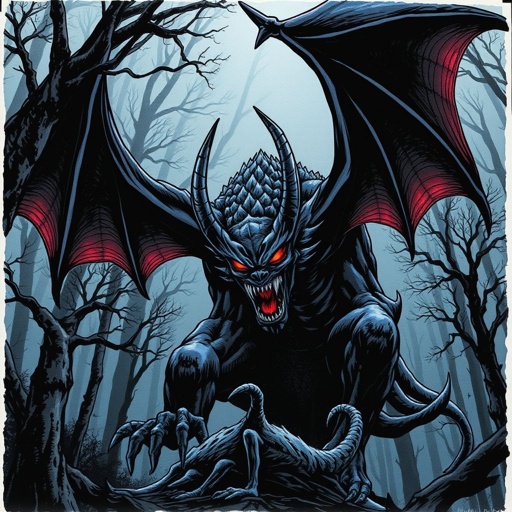 A very scary, ruthless scary and intimidating demon with sharp fangs and claws and bat wings, red eyes