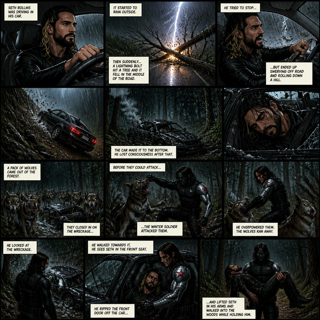 Seth Rollins was driving in his car,It started to rain outside.Then suddenly a lightning bolt hit a tree and it fell in the middle of the road.He Tried to stop…But ended up swerving off road and rolling down a hill.The car made it to the bottom,He lost consciousness after that.A pack of wolves came out of the forest,They closed in on the wreckage,Before they could attack…the winter soldier attacked them.He overpowered them,The wolves ran away.He looked at the wreckage,He walked towards it,He Sees Seth in the front seat,He ripped the front door off the car and lifted Seth in his arms and walked into the woods while holding him
