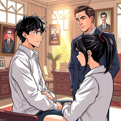 A 19 year old boy David and a 19 year old Laura with dark brunette hair in the office of the mayor her dad ( a mid 30’s year old man)