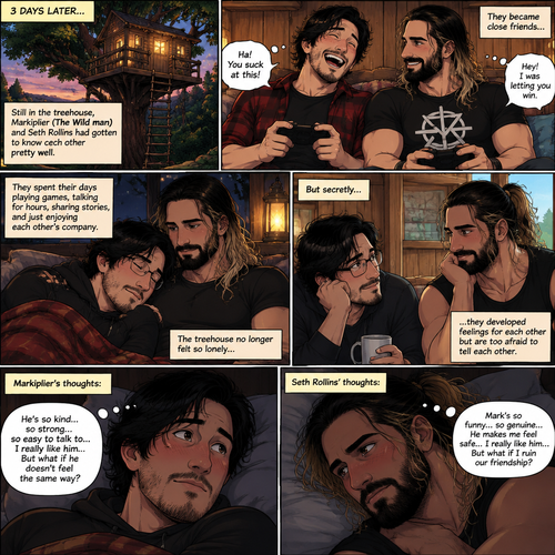 (part 3). 3 days later,Still in the treehouse,Markiplier (The Wild man) and Seth Rollins had gotten to know each other pretty well. They became close friends…But secretly…they developed feelings for each other but are too afraid to tell each other