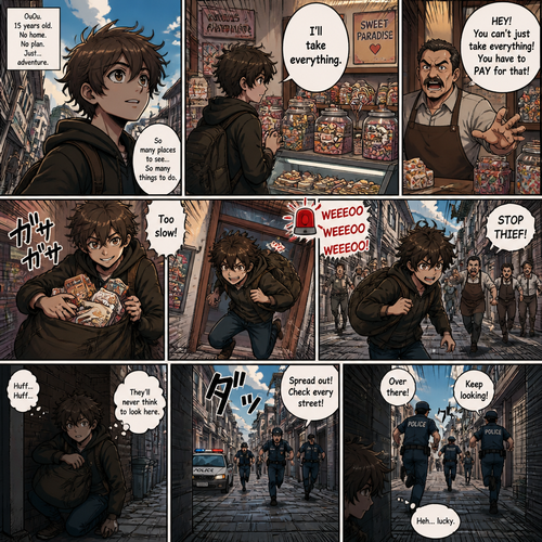 A 15 year old boy with messy brown hair called OuOu wondered into the streets of a modern town and adventure sparking in his eyes.
He wondered through town and into a local sweet shop asking for every thing. The shop owner says you have to pay for that as ouou takes every thing he puts them in his bag and runs out the shop as an alarm starts to ring. He gets chased through the village then jumps into a near by alleyway hiding as police arrive and run through the street none notice him.