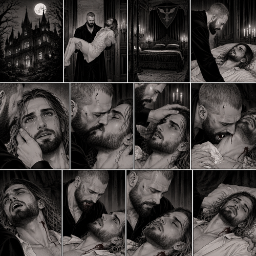 There’s a Dark Vampiric mansion in the woods,Inside there’s a dark Vampiric chamber.The door opens,A vampire (Jon Moxley) walks in carrying his human lover (Seth Rollins).Jon Gently puts Seth on the bed.Seth looked up at him.Seth was very nervous and excited,Because tonight…is his last night as a human,Tonight…Jon was going to turn Seth into a vampire.Jon caresses Seth’s cheek lovingly,then he gently kisses him.After he pulls away Jon brushed Seth’s hair off his face.He leaned towards Seth’s neck,His fangs come out,Then…his fangs pierce Seth’s neck.Seth gasped softly.After he was finished Jon pulled away from Seth’s neck.Seth opened his eyes and looked up at Jon.After the exchange and the painful process was done Seth slipped into unconsciousness