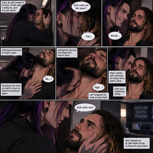 (Part 4 of the Vampire x human story). Still in Jeff Hardy’s office. Jeff was still Kissing Seth Rollins against the wall. After about a minute,Jeff pulled away. Jeff whispered in Seth’s ear “Still with me My dear?” Jeff asked softly. “…Yes…” Seth said softly. Jeff grinned. He leaned forward to Seth’s neck. Seth’s heart was racing. Jeff placed his hand on Seth’s chest to feel his heartbeat again. Seth gasped softly. Jeff gently pierced his fangs into Seth’s neck. Seth yelped softly. Jeff wrapped his arms around Seth. After awhile Jeff removed his fangs from Seth’s neck. Seth was breathing softly. Jeff gently placed his hand on Seth’s cheek. “Still with me?” Jeff asked softly. Seth looked up at Jeff while trying to keep his eyes open