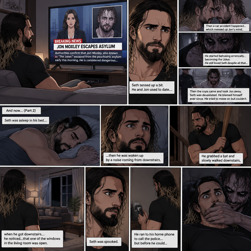 (Recap) Seth Rollins was at his house after a long day,A news report came on tv,The reporter said that Jon Moxley A.KA the Joker had escaped from the asylum that morning,Seth tensed up a bit,he and Jon used to date….then car accident happened witch messed up Jon’s mind,he started behaving erratically becoming the joker,he still loved Seth despite all that,then the cops came and took Jon away,Seth was devastated,he blamed himself ever since,he tried to move on but couldn’t. (And now part 2). Seth was asleep in his bed….then he was woken up by a noise coming from downstairs. He grabbed a bat and slowly walked downstairs,when he got downstairs….he noticed…that one of the windows in the living room was open. Seth was spooked. He ran to his home phone to call the police….but before he could…someone grabbed him from behind