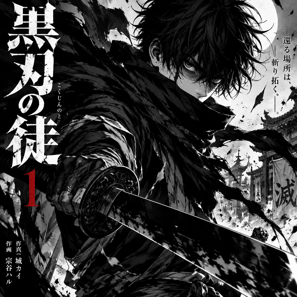 Boy with a black scarf and looks intimidating and holding a black katana for a cover