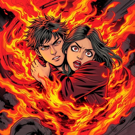 Teenage boy David chokes Sarah out while he burns alive with his red fire. His hands on her neck, while she gasp for breath and screams in pain