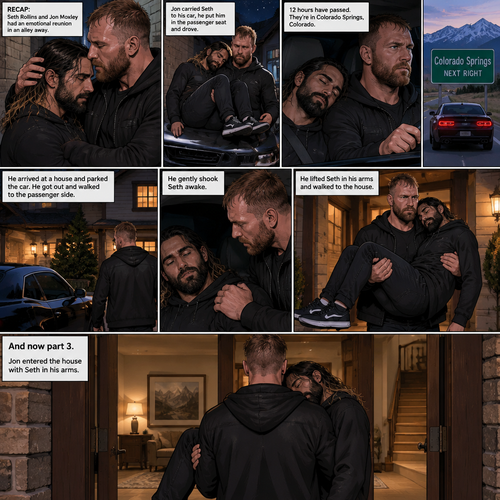 (Recap) Seth Rollins and Jon Moxley had an emotional reunion in an alley away,Jon carried Seth to his car,he put him in the passenger seat and Drove,12 hours have passed,they’re in Colorado Springs,Colorado,Jon was still driving and Seth was asleep in the passenger seat,he arrived at a house and parked the car,he got out and walked to the passenger side,he gently shook Seth awake,he lifted Seth in his arms and walked to the house. (And now part 3). Jon entered the house with Seth in his arms