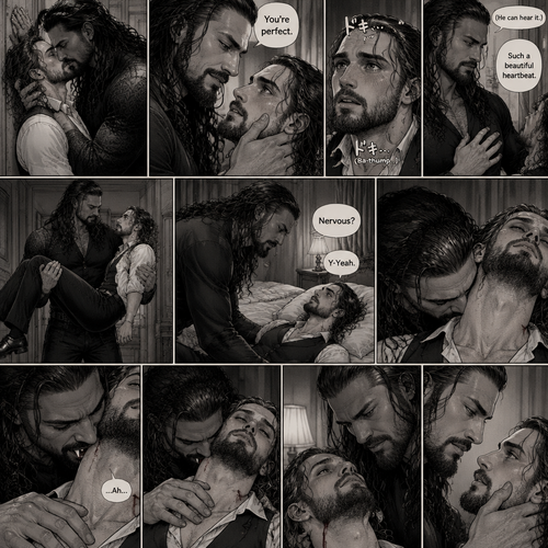 Part 3 of the Vampire x Butler story.Sill in the bedroom of the man of the house (Roman Reigns). He was kissing the Butler (Seth Rollins) against the wall. He smiled at Seth afterwards. Seth was flustered.Roman gently put his hand on Seth’s cheek. “You’re perfect” Roman said softly.Seth’s heart fluttered.Roman heard it,He gently placed his other hand on Seth’s chest to feel the heartbeat.After a while he lifted Seth into his arms.He walked to the bed and gently put Seth down on the bed.Seth looked up at Roman nervously. “Nervous?” Asked Roman. “Y-Yeah” Said Seth.Roman leaned forward towards Seth’s neck.He then wrapped his arms around him in his embrace.He put his lips on Seth’s neck.Seth’s breath hitched a little,Then….Roman’s fangs pierced Seth’s neck.Seth gasped softly.Roman Gently put his hand on Seth’s shoulder and gently rubbed it.Seth’s body slowly relaxed.After a while Roman removed his fangs from Seth’s neck.He Gently placed his hand on Seth’s cheek again.
