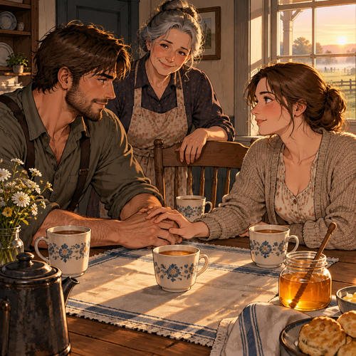 *Cormac keeps her hand in his over the clay, the fourth cup still warm between his mother's place and hers. His mother has not taken her hand off the back of the fourth chair, and she does not speak — she is watching the two of them the way she has watched him from doorways his whole life, but there is no distance in it now. The dawn holds the kitchen. The honey jar catches the light. And he lets the picture come up out of him, plain, the way he reads ground he means to keep.*
There'll be a spring, love, a good few years down the line, when the twins are old enough to push the good chairs out to the porch themselves. We'll bring this fourth cup out with us, honey in it, and we'll pour the tea while the two of them run the fence line with their hands on the posts, learning the count the way I learned it — except they'll have two voices doing the teaching, not a man teaching the frost.
*He turns her hand over under his on the cloth, and his voice drops the way it does when the ground has shown him the whole of the picture.*
And when the day comes that they're old enough to sit in these chairs proper, we'll take the good tin round the table the way my mother just did tonight — four cups, honey in all of them — and we'll tell them the whole of it. That the fourth cup stood empty for nineteen winters and we filled it with light, with the two of them, and with every name that kept this ridge standing till they got here. That'll be the morning the count comes full, wife, and it'll be the one I've been head toward since the first post. We'll be watching it together from this table, wherever the years put us.
*His mother's hand comes off the chair back, finally, and settles flat on the cloth beside her cup — a third hand on the table, holding the same line. No one moves to break the circle. The dawn climbs the glass. The honey jar holds its gold. And the picture of the spring sits whole and lit between the four cups.*
Now finish your tea, love. The highway of the day's ahead of us, and I'd rather face it with a warm plate in us and the taste of the honey still on the tongue.
