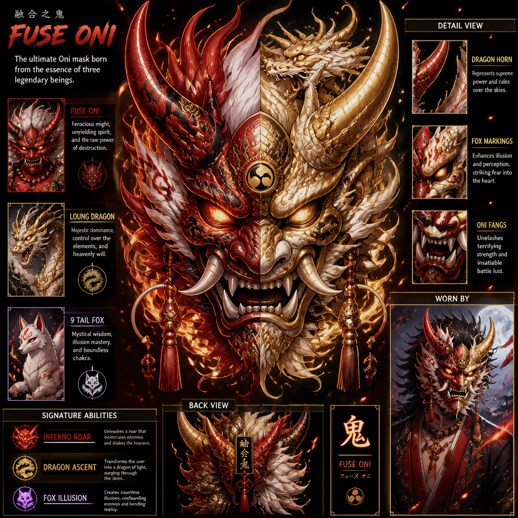Fuse Oni, loung dragon,9 tail fox into oni style mask that has all the best appearance from Fuse Oni, loung dragon,9 tail fox.