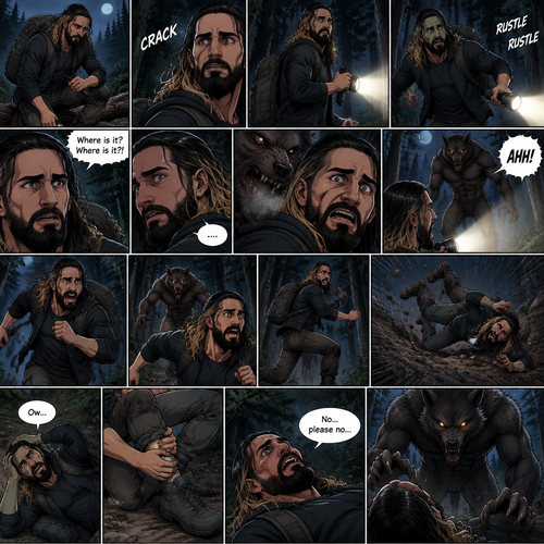 Seth Rollins was lost in the middle of the woods at night,The only this has right now is a backpack and a flashlight.He was about to take a break…then he heard something stepping on a twig.He looked around for the source pointing his flashlight,Then he heard something moving in the woods,He was looking frantically.He was about to give up….then he felt something breathing on him,his heart was beating loudly,He turned around slowly while pointing his flashlight…it was….A werewolf!!.Seth Yelled in fear and ran.The werewolf chased after him,It was gaining on Seth…but he wasn’t about to give up now..so he kept running.Seth was still running….then he tripped and rolled down a steep hill,He sprained his ankle on the way down…and then he hit his head at the bottom of the hill. “Ow” said Seth.He rolled on his back,His head and his ankle were hurting.The werewolf caught up to him. “No…please no” said Seth. The werewolf slowly walked up to him