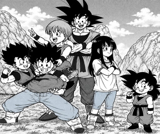 Black-and-white manga group playing outdoors with a small dog nearby.