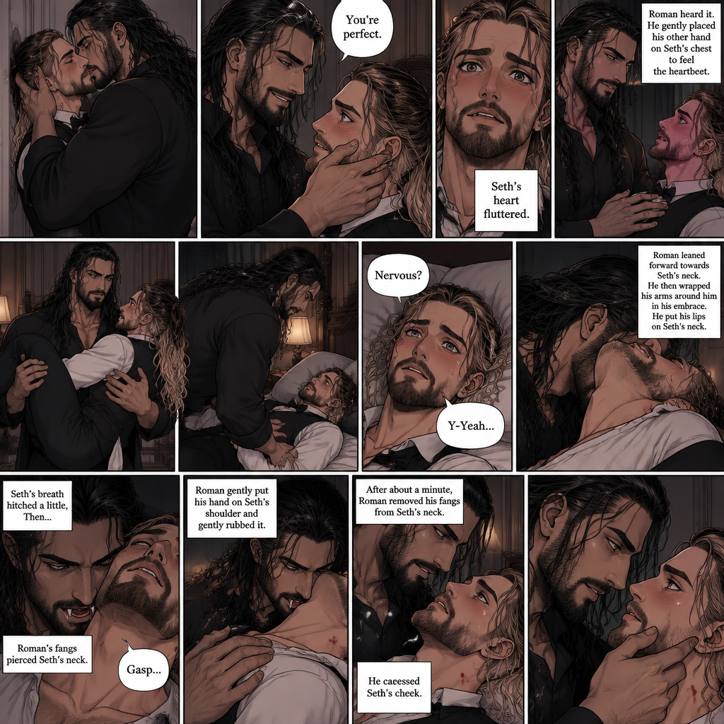Part 3 of the Vampire x Butler story.Sill in the bedroom of the man of the house (Roman Reigns). He was kissing the Butler (Seth Rollins) against the wall. He smiled at Seth afterwards. Seth was flustered.Roman gently put his hand on Seth’s cheek. “You’re perfect” Roman said softly.Seth’s heart fluttered.Roman heard it,He gently placed his other hand on Seth’s chest to feel the heartbeat.After a while he lifted Seth into his arms.He walked to the bed and gently put Seth down on the bed.Seth looked up at Roman nervously. “Nervous?” Asked Roman. “Y-Yeah” Said Seth.Roman leaned forward towards Seth’s neck.He then wrapped his arms around him in his embrace.He put his lips on Seth’s neck.Seth’s breath hitched a little,Then….Roman’s fangs pierced Seth’s neck.Seth gasped softly.Roman Gently put his hand on Seth’s shoulder and gently rubbed it. After about a minute,Roman removed his fangs from Seth’s neck. He caressed Seth’s cheek. Seth looked at Roman