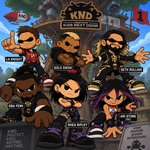 LA Knight,Solo Sikoa,Seth Rollins,Oba Femi,Rhea Ripley and Ari Stone (My Female wrestler oc) in KND Codemame:Kids next door 