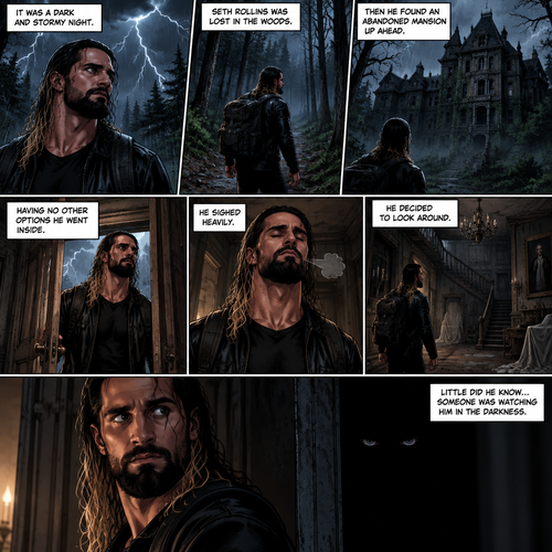 It was a dark and stormy night.Seth Rollins was lost in the woods,Then he found an abandoned mansion up ahead.Having no other options he went inside.He sighed heavily.He decided to look around,Little did he know…Someone was watching him in the darkness