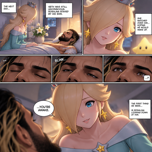 (Part 3 of the Seth Rollins x Princess Rosalina story). The next day,Seth was still unconscious,Rosalina was watching over him. Then…Seth slowly regained consciousness. The first thing he sees is Rosalina looking down at him
