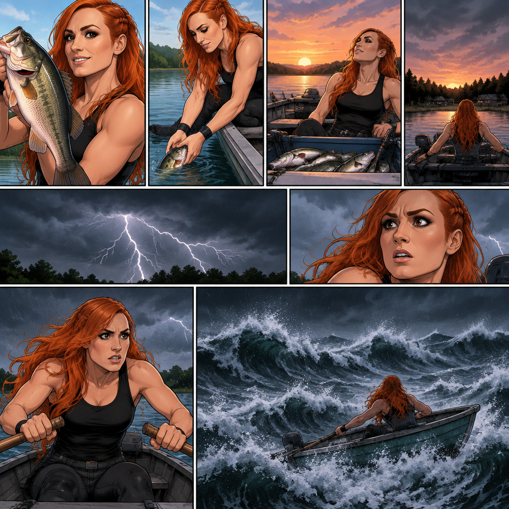 Becky Lynch is in a fishing boat,She had a long day of fishing. She caught a lot of fish (she released them after). She was about to head back to shore….then suddenly…thunder. She started to row back…then the waves started to rise