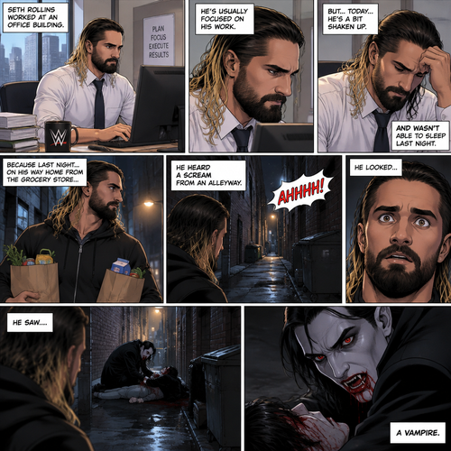 Seth Rollins was working at an office building. He’s usually focused on his work,But…today….he’s a bit shaken up and wasn’t able to sleep last night. Because last night….on his way home from the grocery store…he heard a scream from an alleyway. He looked…He saw….a Vampire