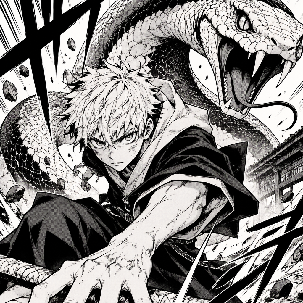 Boy white a snake behind him
