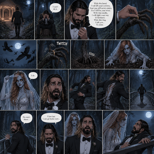 (Part 1 of the corpse bride,Seth x Becky style). Seth Rollins was walking in the woods alone at night after running away from a wedding rehearsal. After a while He sat at a tree stump,he puts his head in his hands. “I can’t do it” Seth said to himself. He took a deep breath. He began practicing his vows,”With this hand,I will lift your sorrows,Your cup will never empty,For I will be your wine,With this candle,I will light your way in darkness,With this ring,I ask you…To mine”. He puts the wedding ring on a tree branch that suspiciously looks like a ring finger. Then the crows flew by,Then….The branch the suspiciously looked like a hand…twitched. Then….The branch that suspiciously looks like a hand pulled itself underground. Seth got spoked when he saw that. Then…an undead woman in a wedding dress (Becky Lynch) crawled out from the ground. She stood up,Lifted her vail,Looked at Seth and said in a quiet voice “I do”. Seth got scared and ran further into the woods. The woman just slowly and calmly walked after him. While Seth was running his tuxedo jacket got caught in some branches and ripped. He kept running till he got to a bridge. He looked behind him…No one was there. He believed he lost her. He turned around to walk home…The undead bride was right there. Seth got spooked. He slowly backed away till his back hit the railing