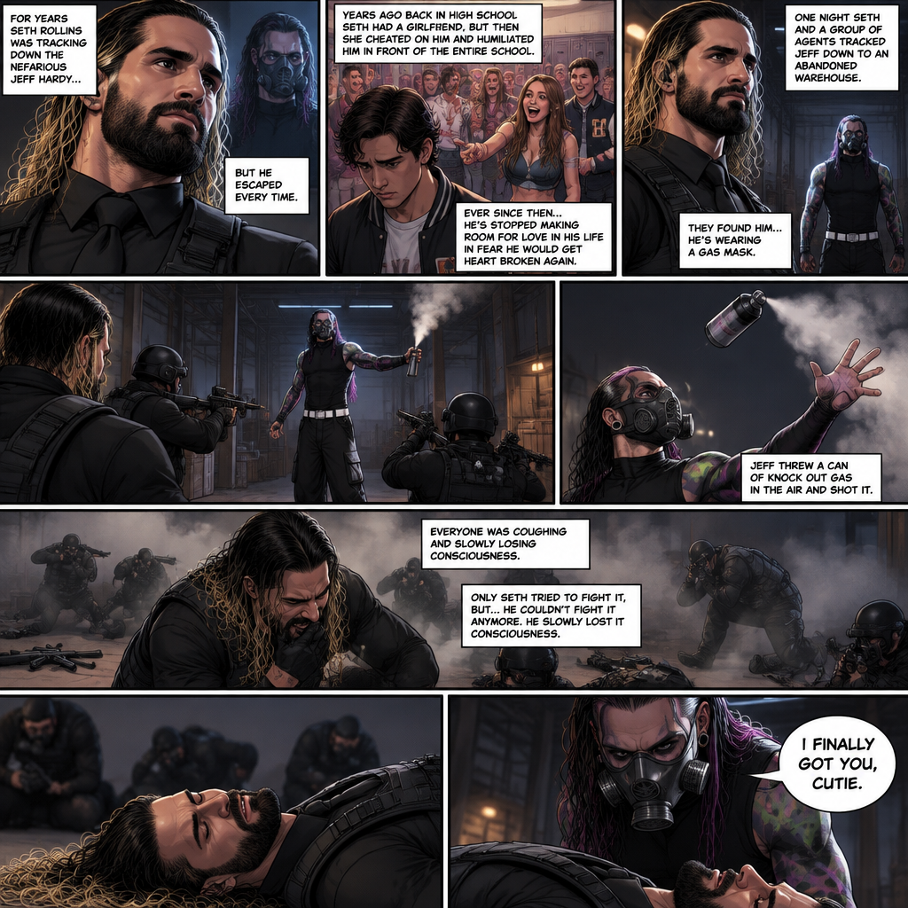 Seth Rollins is a secret agent,For years he was tracking down the nefarious Jeff Hardy…But he escaped every time. Years ago back in high school Seth had a girlfriend,But then she cheated on him and humiliated him In front of the entire school,Ever since then…He’s stopped making room for love in his life in fear he would get heart broken again. One night Seth and a group of agents tracked Jeff down to an abandoned warehouse.they found him…he’s wearing a gas mask. Seth slowly realizes…it was a trap,But before anyone could do anything Jeff threw a can of knock out gas in the air and shot it. Everyone was coughing and slowly losing consciousness,Only Seth tried to fight it,But…He couldn’t fight it anymore,He slowly lost consciousness. All of the agents are unconscious,Jeff slowly walked to the unconscious Seth. He looked down at Seth. “I finally got you,Cutie” Said Jeff