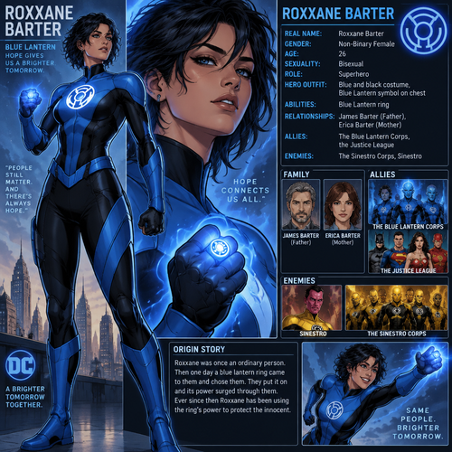 Dc comics oc info card Blue Lantern 

Real name:Roxxane Barter
Gender:Non-Binary Female 
Age:26
Sexuality:Bisexual 
Role:Superhero
Hero outfit:Blue and black costume,Blue lantern symbol on chest
Abilities:Blue Lantern ring
Relationships:James Barter (Father), Erica Barter (Mother)
Allies:The Blue lantern corps,the justice league
Enemies:The sinestro corps,Sinestro
Origin story:Roxxane was once and ordinary person,Then one day a blue lantern ring came to them and chose them. They put it on and its power surged through them. Ever since then Roxxane has been using the ring’s power to protect the innocent