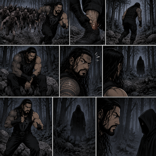 Roman Reigns is in a zombie apocalypse,He walking in the woods. He hurt his ankle while running away from a zombie horde. He’s far away from them and limping in the woods. The pain in his ankle was too much to ignore so he sat down on a rock,he sat there for a while….then….he heard distant footsteps. He looked behind him. There’s a hooded figure in the distance. He slowly stood up,he had his guard up. The hooded figure stopped walking. They were silent for a while
