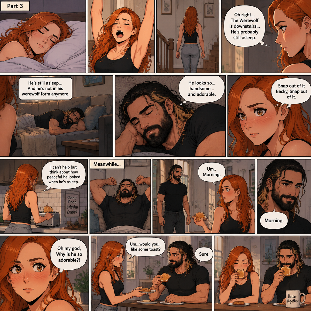 (Part 3 of the werewolf x human story) The next morning,Becky Lynch was asleep in her bed. Then she woke up. She got up and stretched her arms. She walked downstairs…then she remembered that the Werewolf (Seth Rollins) was asleep downstairs. She checked in on him. He was still asleep…and he wasn’t in his werewolf form anymore. She couldn’t help but look at him…and blush. “He looks so…handsome…and adorable” Becky said to herself. Then she shook her head. “Snap out of it Becky,Snap out of it” Becky said to herself. She quietly walked to the kitchen and made herself some toast. She couldn’t help but think about how peaceful he looked when he’s asleep. Meanwhile,The man woke up. He slowly gets up and stretched his arms,Then he walks to the kitchen. Becky notices him. “Um..Morning” Said Becky. The man Smiled softly. “Morning” The man said softly. “Oh my god,Why is he so adorable?!” Becky thought to herself. “Um…would you…like some toast?” Becky asked. “Sure” said the man. Becky makes some toast. They ate