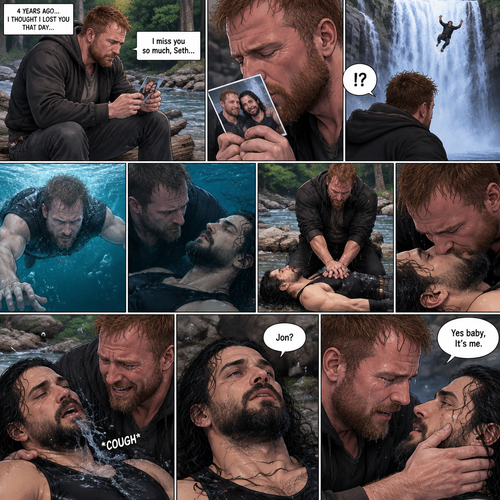 (Recap) Still in the zombie apocalypse. (This was Jon Moxley’s POV). Jon sat on a log near the river alone looking sad,He was looking at a romantic photo of him and Seth Rollins before the apocalypse began,He thought Seth died the day of the apocalypse started 4 years ago,He gently kissed the photo and said he misses Seth So much,He saw someone fall down the waterfall,he jumped in the water,As he swam he got a better look at the person,It turned out to be Seth,He swam faster and got him,He was to shore and Gently placed Seth’s down,He did CPR and mouth to mouth on Seth,When all hope seemed lost Seth coughed out water,Jon gently held Seth with tears of joy streaming down his face,Seth slowly opened his eyes,”Jon?” Seth asked weakly. (And now part 4). Jon gently placed his hand on Seth’s cheek. “Yes baby,It’s me” Jon said Softly.