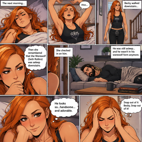 (Part 3 of the werewolf x human story) The next morning,Becky Lynch was asleep in her bed. Then she woke up. She got up and stretched her arms. She walked downstairs…then she remembered that the Werewolf (Seth Rollins) was asleep downstairs. She checked in on him. He was still asleep…and he wasn’t in his werewolf form anymore. She couldn’t help but look at him…and blush. “He looks so…handsome…and adorable” Becky said to herself. Then she shook her head. “Snap out of it Becky,Snap out of it” Becky said to herself
