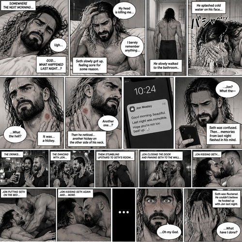Seth Rollins was asleep after a party last night. Seth slowly woke up hungover,He barely remembered what happened last night. He slowly got up,He felt sore for some reason,Then he slowly walked to the bathroom. He splashed cold water on his face…then…he noticed something on his neck,It was…a hickey. Then he noticed…another hickey on the other side of his neck. Then a text notification popped up on his phone,It was Jon Moxley. Seth was confused,Then…memories from last night flashed in his mind. The drinks,The dancing with Jon,Them stumbling upstairs to Seth’s room,Jon closing the door and pinning Seth to the wall,Jon kissing Seth,Jon putting Seth on the bed,Jon kissing Seth again and…more. The flashback ends. Seth was flustered,He couldn’t believe he hooked up with Jon last night