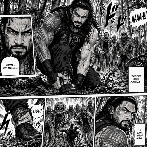 Roman Reigns is in a zombie apocalypse,He walking in the woods. He hurt his ankle while running away from a zombie horde