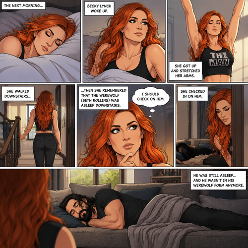 (Part 3 of the werewolf x human story) The next morning,Becky Lynch was asleep in her bed. Then she woke up. She got up and stretched her arms. She walked downstairs…then she remembered that the Werewolf (Seth Rollins) was asleep downstairs. She checked in on him. He was still asleep…and he wasn’t in his werewolf form anymore
