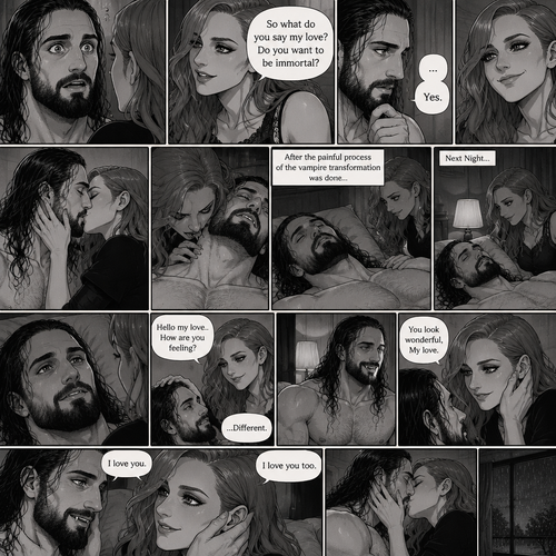 Part 4.Still in Seth Rollins’s house,Still raining outside.Seth Rollins and Becky lynch are in Seth’s room,Seth’s eyes were widened and his breath hitched a little after Becky offered him immortality. “So what do you say my love? Do you want to be immortal?” Asked Becky.Seth thought about for a bit…Then he made his decision. “Yes” Seth said softly.Becky smiled and gently kissed him.She then leaned towards Seth’s neck.After the painful process of the vampire transformation was done Seth was unconscious.The next night Seth was still unconscious,Becky never left his side.Then Seth’s eyes slowly opened,He looked at Becky as she was smiling down at him.She gently stroked his head. “Hello my love..How are you feeling?” Becky said softly. “…Different” Seth said softly.Seth slowly sat up,Becky stayed close by incase he fell over.He smiled at her,His fangs showing.She smiled and gently put her hand on his cheek. “You look wonderful,My love” Said Becky.Seth Gently placed his hand on Becky’s cheek.They leaned towards each other. “I love you” Seth said Softly “I love you too” Becky said softly
