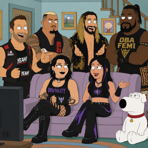 LA Knight,Solo Sikoa,Seth Rollins,Oba Femi,Rhea Ripley and Ari Stone (My wrestler oc) in Family Guy