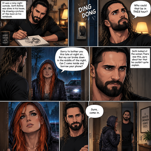 It was a rainy night outside,Seth Rollins was alone in his house,He drawing a picture of the moon on his notebook.Then the doorbell rang. “Who could that be in THIS hour?” Seth  asked himself. He got up and opened the door,A young Irish woman (Becky Lynch) was standing outside on his porch soaking wet from the rain wearing a hood. “Sorry to bother you this late at night sir,But my car broke down in the middle of the night,Can I come inside and borrow your phone?” Asked the woman.Seth looked at the woman,There was this…aura about her that he couldn’t quite explain.He decided to let her in. “Sure..come in” said Seth
