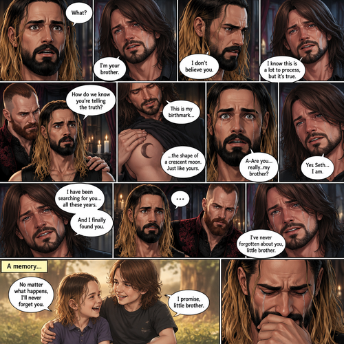 (Recap) Seth Rollins (The vampire hunter turned Bride of the vampire king) was looking at himself in the mirror reeling in the fact that he’s getting married to the vampire king next week,his heart knows that,Then he saw a mysterious figure (Aj Styles) who was standing right behind him in the reflection,Jon Moxley (The vampire king) was handling the wedding preparations,then he heard a loud crash and Seth yelling “LET ME GO!!!” In the bedroom,he used his vampire speed to rush to the bedroom,The mysterious figure tries to drag Seth out the window,Seth struggles,Jon arrives just in time and attacks the mysterious figure,after that he rushes to Seth to see if he’s ok,the mysterious figure slowly gets up,Jon is about to attack,Then the mysterious figure spoke “Wait!”,”Seth…please listen to me,Seth was confused by how the man knew his name,The mysterious figure takes off his hood and drops a bombshell “My name is Aj…I’m your brother Seth,Jon and Seth were shocked by what he said. (And now part 7). Seth was stunned. “What?” Seth asked. “I’m your brother” said Aj. Seth shook his head a little. “I don’t believe you” Said Seth. “I know this is a lot to process,but it’s true” said Aj. Jon gently pulled Seth to his side. “How do we know you’re telling the truth?” Jon asked cautiously. Aj shows his birthmark,It’s the shape of a crescent moon…just like Seth’s. Seth was stunned,All this time….he thought he was the only one with that birthmark. “A-Are you…really..my brother?” Seth asked. “Yes Seth…I am” said Aj. “I have been searching for you…all these years” Aj paused,Tears welling up in his eyes. “And I finally found you” Aj continued. Seth didn’t know what to say,Neither did Jon. “I’ve never forgotten about you,little brother” Said Aj. Something flashed in Seth’s mind…it was a memory….of himself and Aj when they were little. Aj (as a kid) had promised Seth he would never forget him. The flashback ends. Tears welled up in Seth’s eyes