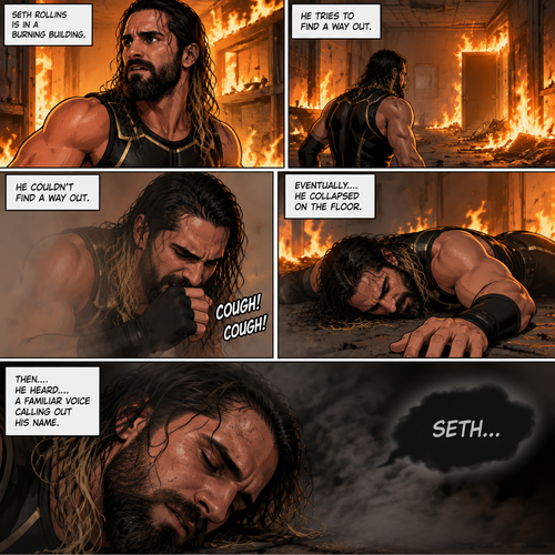 Seth Rollins is in a burning building,He tries to find a way out,he couldn’t find a way out. He was coughing because of the smoke,Eventually….he collapsed on the floor. Then….He heard….a familiar voice calling out his name