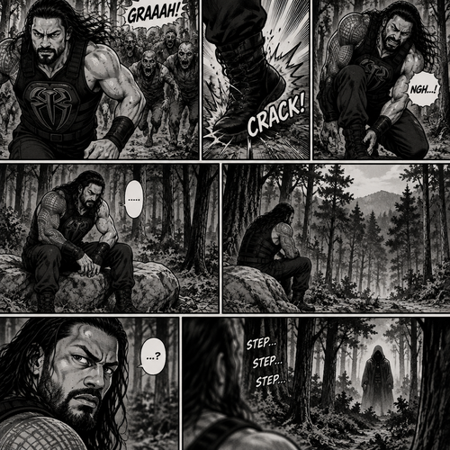 Roman Reigns is in a zombie apocalypse,He walking in the woods. He hurt his ankle while running away from a zombie horde. He’s far away from them and limping in the woods. The pain in his ankle was too much to ignore so he sat down on a rock,he sat there for a while….then….he heard distant footsteps. He looked behind him. There’s a hooded figure in the distance