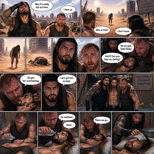 It’s a post apocalyptic world,Roman Reigns and Jon Moxley were side by side surviving the apocalypse together.They fought Bandits and raiders and scavenged for supplies.One day it was really hot outside. “Man it’s really hot out here” Said Roman. “I hear ya” Said Jon.They were about to head back to their base…then they see a person in the distance,He looked like he was overheating. “Who is that?” Asked Jon “I don’t know” said Roman.The person must’ve saw them because he began to walk towards them,but before he got closer to them he passed out due to overheating.Roman and Jon looked at each other,and then walked towards the unconscious man.when they got closer…they recognized him,They shocked…they ran towards him….It was Seth Rollins.Jon had tears in his eyes. “Oh my god,Seth! Baby!” Said Jon as he pulled Seth in his embrace. “Seth?! Can you hear us,darling?” Said Roman.Seth’s breathing was a bit shallow. “Oh god he’s overheating” Said Jon. “Let’s get him to base” said Roman.They carried him to their base.They put him on the bed,Roman went to go find a cloth while Jon went to go get a bottle of water.Jon quickly came back with a bottle of water,He gently sat Seth’s unconscious body up and poured the water into Seth’s mouth.Seth subconsciously swallowed the water,Jon was relieved,He Put the water bottle down and gently laid Seth back down on the bed afterwards.Roman found a cloth,Dunked it in cold water and gently put it on Seth’s forehead