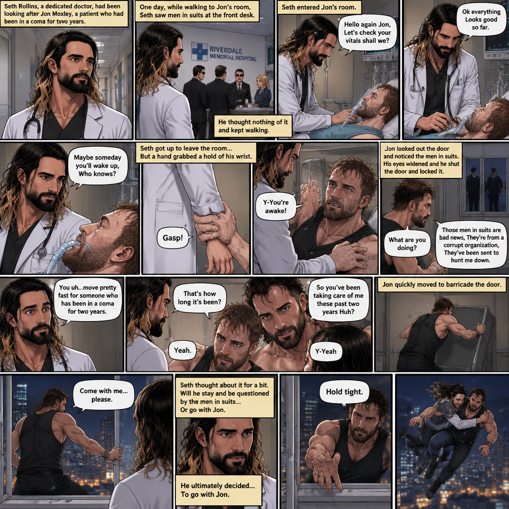 Seth Rollins is a Doctor. He had been looking after a patient (Jon Moxley) who had been in a coma for two years. One day he was walking to Jon’s room,Then he saw men in suits at the front desk. He thought nothing of it and kept walking. He entered Jon’s room. “Hello again Jon,Let’s check your vitals shall we?” Said Seth. He checks Jon’s vitals. “Ok everything Looks good so far” said Seth. He looked at Jon’s face. “Maybe someday you’ll wake up,Who knows?” Said Seth. He got up to leave the room….But a hand grabbed a hold of his wrist. Seth gasped. It was Jon,He’s wide awake and Looking at Seth. “Y-You’re awake” Said Seth. Then Jon carefully got up,Looked out the door and noticed the men in suits. His eyes widened and he shut the door and locked it. “What are you doing?” Seth asked. Jon spoke for the first time since the coma “Those men in suits are bad news,They’re from a corrupt organization,They’ve been sent to hunt me down”. Seth Fell silent,Processing what Jon just said. Jon moved quickly to barricade the door. “You uh…move pretty fast for someone who has been in a coma for two years” said Seth. Jon fell silent while processing that information. “That’s how long it’s been?” Jon asked. Seth nodded slowly. Jon walked slowly toward Seth. “So you’ve been taking care of me these past two years Huh?” Said Jon. Seth got nervous. “Y-Yeah” Seth said Nervously. Then one of the men in suits tried to open the locked and Barricaded door. Jon quickly ran to the window and opened it. He looked at Seth,Then he held out his hand. “Come with me…please” said Jon. Seth thought about it for a bit,Will he Stay and be questioned by the men in suits..Or go with Jon. He ultimately decided….To go with Jon. Jon held Seth. “Hold tight” Said Jon