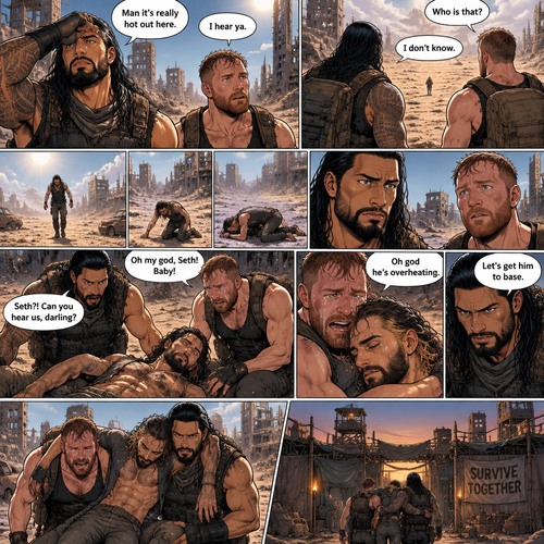 It’s a post apocalyptic world,Roman Reigns and Jon Moxley were side by side surviving the apocalypse together.They fought Bandits and raiders and scavenged for supplies.One day it was really hot outside. “Man it’s really hot out here” Said Roman. “I hear ya” Said Jon.They were about to head back to their base…then they see a person in the distance,He looked like he was overheating. “Who is that?” Asked Jon “I don’t know” said Roman.The person must’ve saw them because he began to walk towards them,but before he got closer to them he passed out due to overheating.Roman and Jon looked at each other,and then walked towards the unconscious man.when they got closer…they recognized him,They shocked…they ran towards him….It was Seth Rollins.Jon had tears in his eyes. “Oh my god,Seth! Baby!” Said Jon as he pulled Seth in his embrace. “Seth?! Can you hear us,darling?” Said Roman.Seth’s breathing was a bit shallow. “Oh god he’s overheating” Said Jon. “Let’s get him to base” said Roman.They carried him to their base