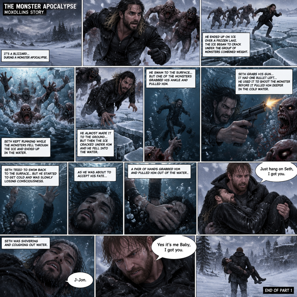 (The monster apocalypse/Moxollins story) It’s a blizzard…During a monster apocalypse. Seth Rollins was on the run from a group of monsters. He ended up on ice over a frozen lake. The ice began to crack under the group of monsters combined weight. Seth kept running while the monsters fell through the ice and ended up in the water. He almost made it to the ground….But then the ice cracked under him and he fell into the water. He swam to the surface…but one of the monsters grabbed his ankle and pulled him. Seth grabs his gun…it had one bullet left…He used it to shoot the monster before it pulled him deeper in the cold water. Seth tried to swim back to the surface…But he started to get cold and was slowly losing consciousness. As he was about to accept his fate….A pair of hands grabbed him and pulled him out of the water. Seth was shivering and coughing out water. Someone lifted him in his arms and ran. Seth’s eyes were closed so he didn’t see who it was…But he did hear the person’s voice. “Just hang on Seth,I got you” Said ????. Seth recognized that voice. He spoke while was shaking from the cold “J-Jon”. It was indeed Jon Moxley (F.K.A Dean Ambrose). “Yes it’s me Baby,I got you” Said Jon (End of part 1)