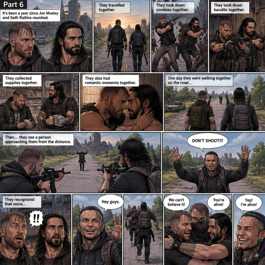 (Part 6). Still in the zombie apocalypse. “it’s been a year since Jon Moxley and Seth Rollins reunited. They travelled together,They took down zombies together,They took down bandits together,They collected supplies together,They also had romantic moments together. One day they were walking together on the road…Then…..they see a person approaching them from the distance. They raise their weapons at the person just to make sure that the person wasn’t a threat. The person raised his hands and shouted “DON’T SHOOT!!!”. They recognized that voice…It was Jeff Hardy. They were shocked. Jeff waved at them and said “Hey guys”. Jon and Seth lowered their weapons and ran towards him. They hugged him. “We can’t believe it!” Said Jon. “You’re alive!” Said Seth. “Yep! I’m alive!” Said Jeff